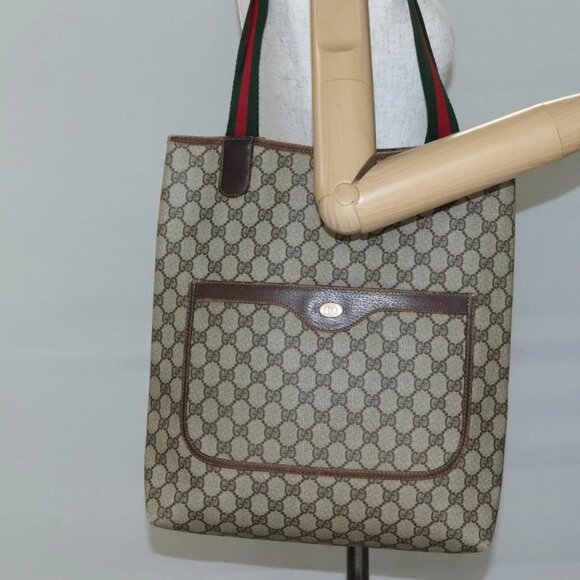 GUCCI GG Supreme Web Sherry Line Tote Bag PVC Beige Red 002 4487 39 Auth yk19326 - Picture 3 of 16